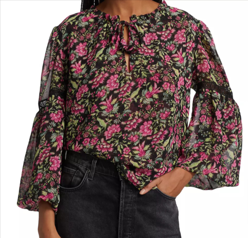 MISA Los Angeles Alicia Pink Floral Flare-Sleeve Floral Blouse Size S 4-8